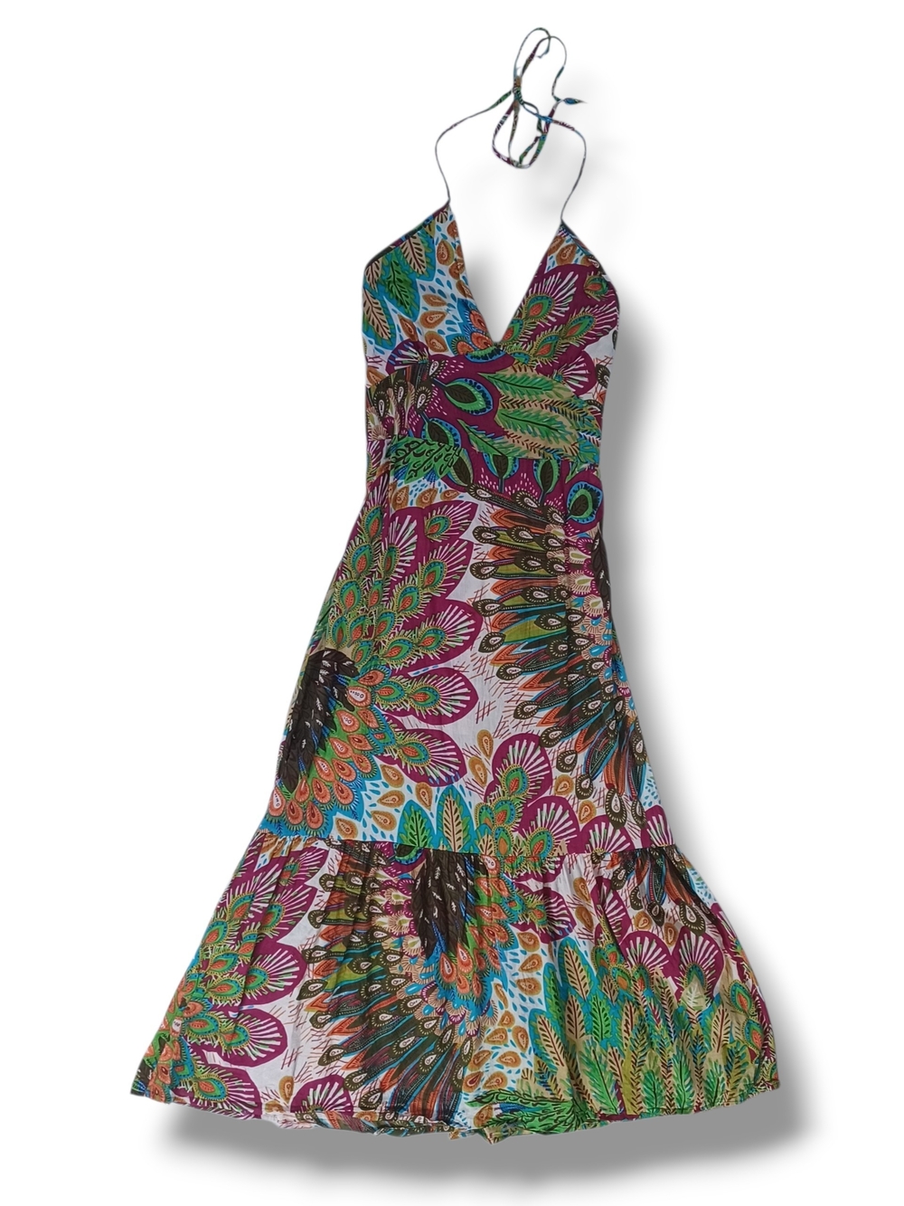 Wonder Wear Womens Halter Maxi Dress Cover Up Sundress Peacock Print Size S